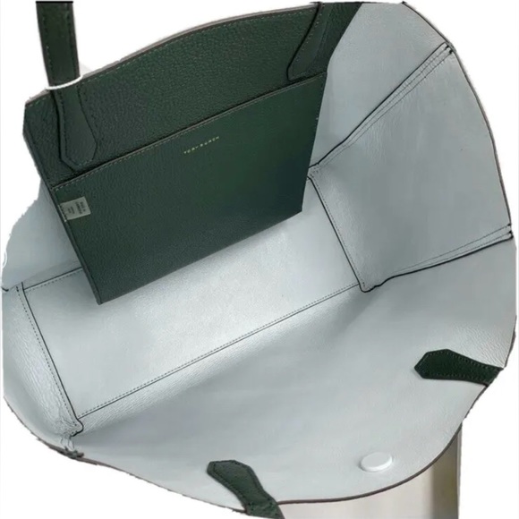 NWT TORY BURCH BLAKE TOTE IN JITNEY GREEN LEATHER SHOULDER BAG POUCH - Picture 7 of 9